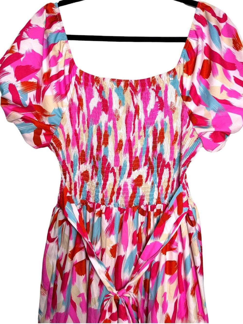 Abstract Brushstroke Smocked Puff Sleeve Tiered Maxi Dress XL Resort - Picture 7 of 9